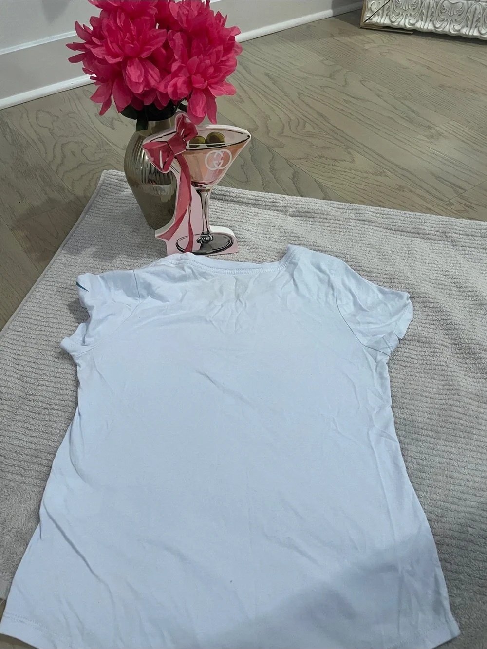 Nike White Tee with Teal Swoosh and Small Floral Accents